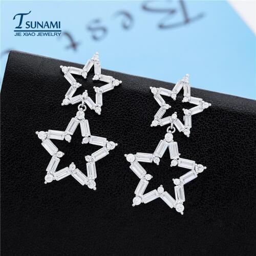Tsunami Brand Stars Dangle Earrings Fashion Jewelry Cubic Zirconia Stone Drop Earrings Silver Color bride Earring