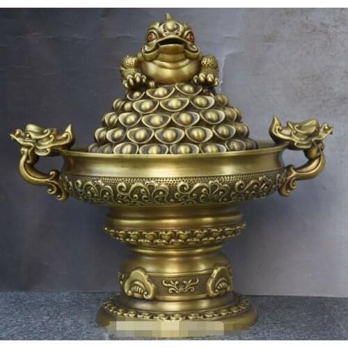 14" Chinese Pure Bronze Fengshui Dragon Beast Golden Toad Yuanbao Money Statue