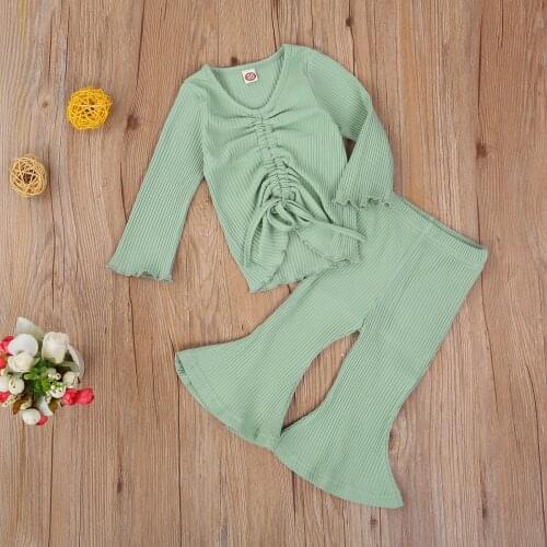 Emmababy 2pcs Newborn Baby Girls Clothes Set Solid Color Long Sleeve Puulover Top and Flare Pant Outfit Autumn Set 0-3years