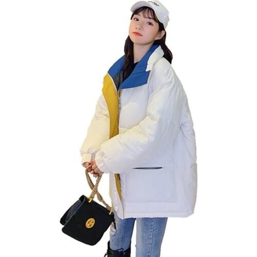 Loose thick down cotton padded jacket 2020 winter ner stand up collar Splice women parka zipper long sleeve Straight Female W47