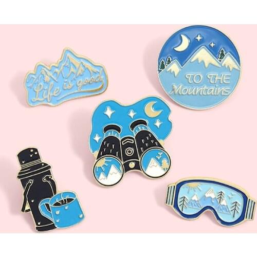 Life is good Lets go hiking Fantasy starry sky TO THE Mountains Travel Enamel Brooch Camera Stars Moon Telescope Lapel Pin Badge