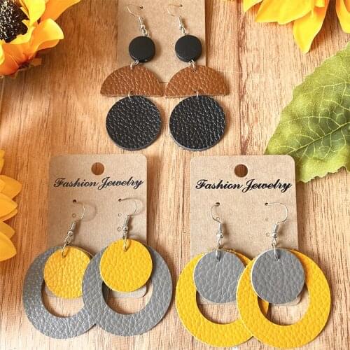 Fashion Color Textured Drop Earring Trendy Jewelry Unique Retro Vintage Geometric Bohemian Genuine Leather Earrings for Women
