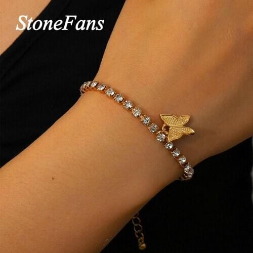 Stonefans Fashion Rhinestone Tennis Chain Butterfly Bracelet for Women Cute Butterfly Pendant Bracelet Bangle Charm Jewelry