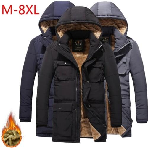 8XL Men Winter New Long Casual Casual Thick Fleece Cotton Clothest Men Outdoor Fashion Warm Thick Pockets Parkas Trench Men