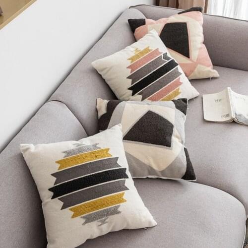Pink Grey Cushion Cover Embroidery Geometric Cotton Square Pillow Cover 45x45cm Home Decoration for Sofa Bed Living Room