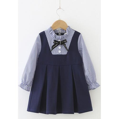2019 autumn children girls new fashion cute preppy style long sleeve blue patchwork striped Dress 3-8 years