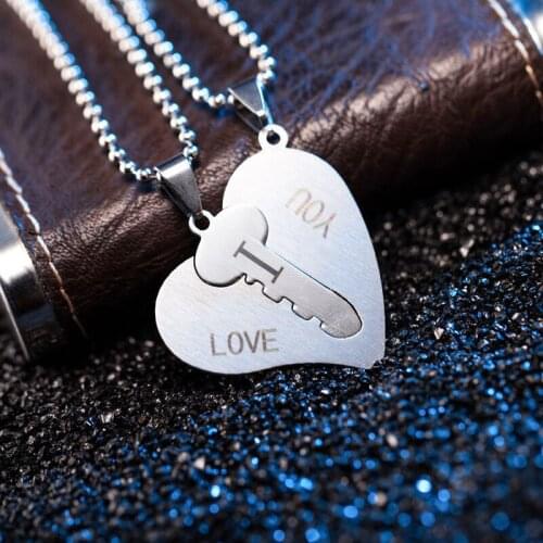 Fashion Stainless Steel Couple Pendant Necklace Long Chain Heart Shaped Unlock Key Couple Necklace Jewelry Gift