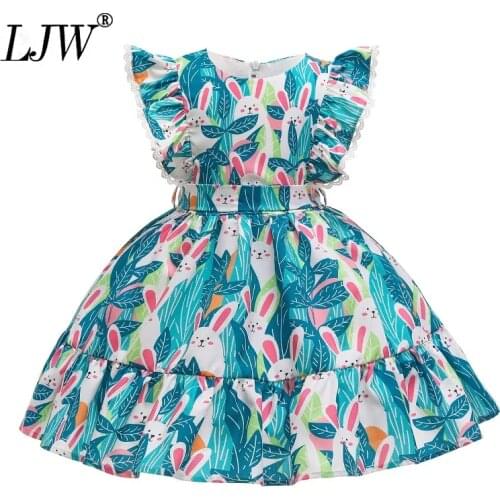 Girl spring summer dress 2-10 year old girl jackprint cartoon rabbit dress princess lace stitching girl dress