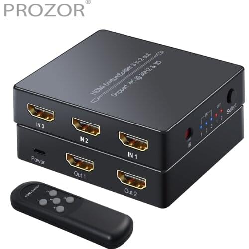 PROZOR HDMI-compatible Switch 3 In 2 Out Automatic Switcher Hub HDMI-compatible 1.4 Switcher Splitter with Remote Support 4k 3D
