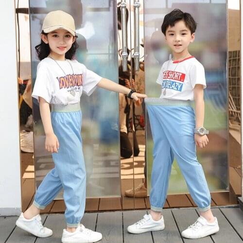 Multi-color wild summer ice-like fabric waist English letters childrens mosquito socks sports cold pants childrens casual pant