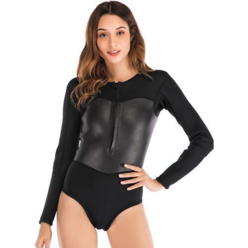 Sbart Women 2mm Neoprene One Piece Elastic CR Light Spring High Cut Wetsuit Steamer Black Long sleeve Zipper Diving Snorkeling