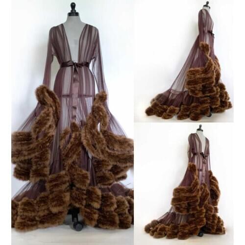 Sexy Bathrobe for Women Faxu Fur Sweep Train Lingerie Nightgown Pajamas Sleepwear Womens Luxury Gowns Housecoat Nightwear