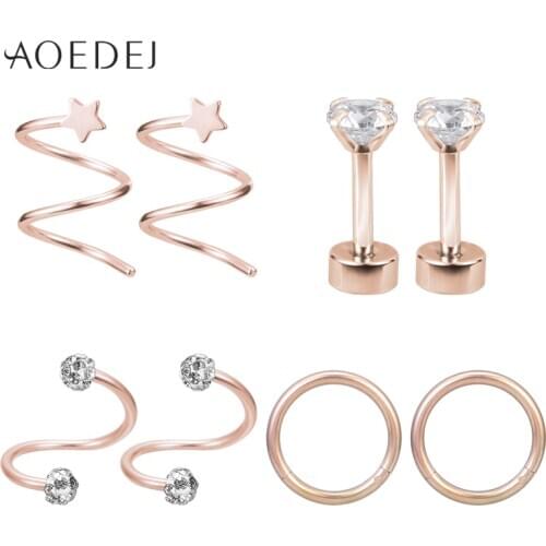 AOEDEJ Rose Gold Stud Earrings 316L Stainless Steel Ear Cartilage Piercing Jewelry 8pcs/lot Crystal Ear Studs for Women