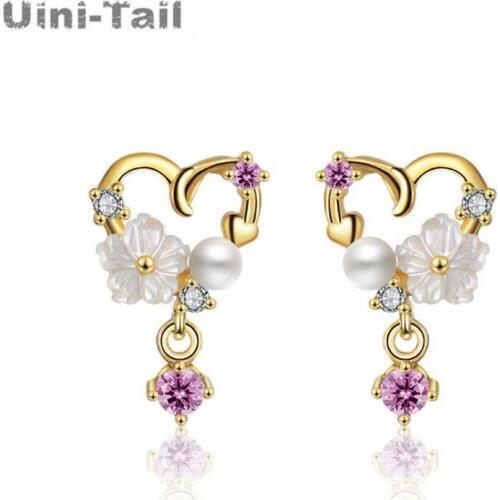 Uini-Tail hot new 925 sterling silver gold heart-shaped pearl flower earrings Korean sweet small fresh temperament personality