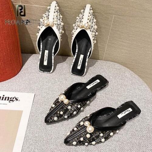 Black Pointed Toe Pearl Rhinestone Flat Mules Shoes Summer French Haute Couture Ladies Soft Bottom Half Slippers Women