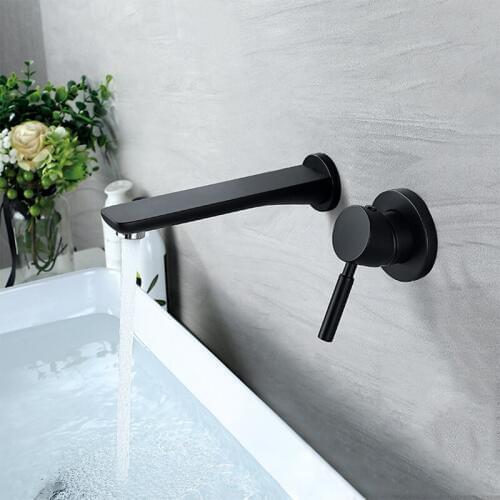 Basin Faucet Mixer Black Brass In-Wall Bathroom Sink Faucets Wall Mounted Cold and Hot Vanity Sink Crane Concealed Taps Set