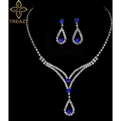 TREAZY Elegant Royal Blue Rhinestone Bridal Jewelry Set Waterdrop Crystal Choker Necklace Earrings Wedding Jewelry Set for Women