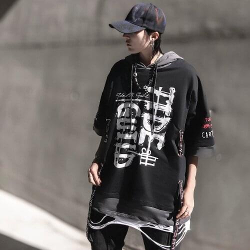 Streetwear Fashion Sweatshirt Hip Hop Black Half Sleeves Hooded T-Shirt For Men