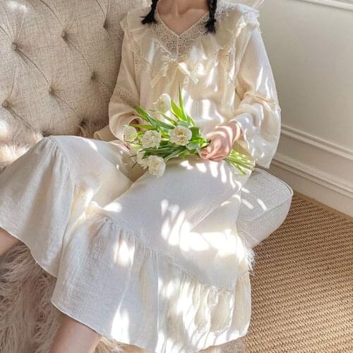 Vintage Nightgowns Women Cotton Beige Sleepwear Long Sleeve Loose Night Dress Victorian Peignoir Ladies Gifts Home Lounge Wear