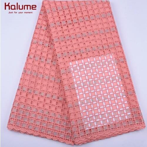 Kalume Very High Quality African Swiss Cotton Lace Fabric Peach Nigerian Swiss Voile Lace Fabric WIth Stone For Dress Party 1977