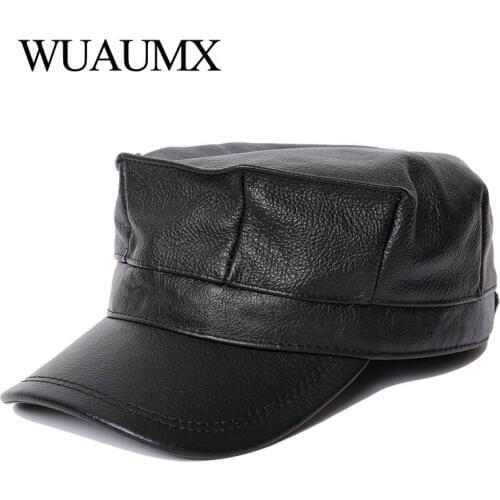 Wuaumx Cowskin Military Hats Men Women Earflap Baseball Cap Flat Top Genuine Leather Newsboy Hat Mens Cow Leather Octagonal Hat