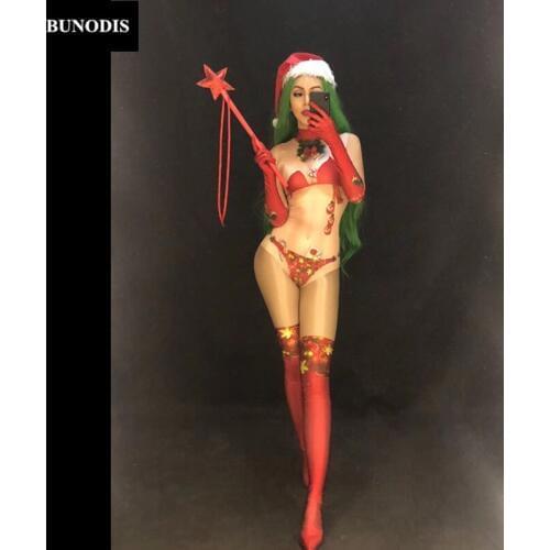 ZD403 Christmas Style (Without Cane) Women Sexy Red Bodysuit 3D Printed Jumpsuit Nightclub Party Stage Wear Dancer Singer