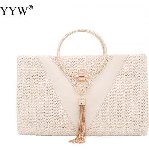 Elegant Straw Women Evening Clutches Bag Tassels Female Crossbody Bag Ladies Envelope Purse For Party White Yellow Handbags Boho