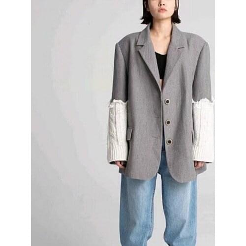 2021 Spring Knitted Sleeve Gray Patchwork Wool Jacket Women Clothing Suit Coat Female Twill Single Breasted Notched Blazer Women