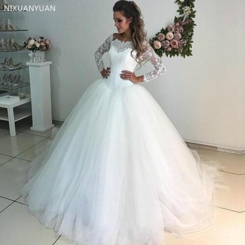 2021 Long Sleeve Wedding Dresses Hot Selling Lace Tulle Off Shoulder White Princess Bridal Dress Custom Made Vestido De Mariage