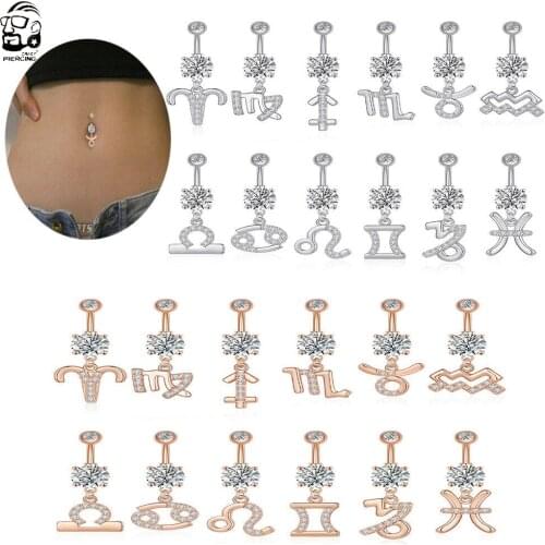 12 Constellation Series Navel Piercing Belly Ring Steel CZ Belly Button Ring Barbell Bar Dangling Ombligo Women Body Jewelry 14g