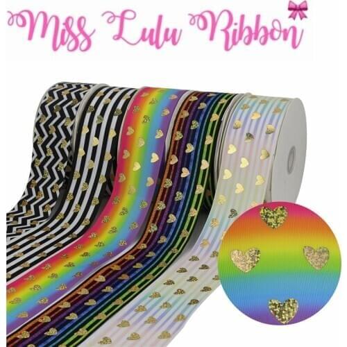 3"75mm Love Heart Hologram Gold Foil Geometric Wave Stripes Printed Grosgrain Ribbon DIY Wedding Party Decor 50yards/roll