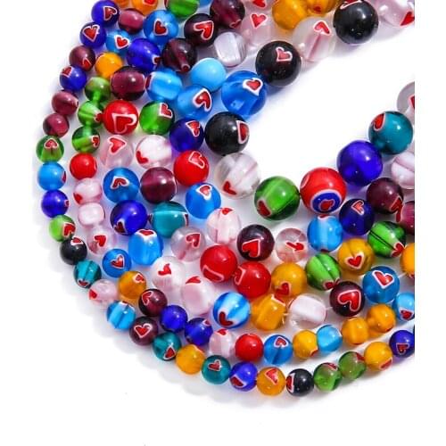 6/8/10mm 38-65Pcs Round Beads with Heart Flower Patterns Mix Color Glass Lampwork Loose Spacer Beads for Jewelry Making DIY