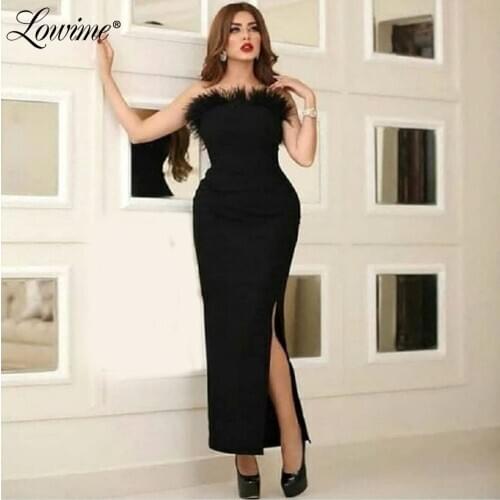 Saudi Arabia Feathers Black Evening Dress Dubai Women Kaftans Islamic Strapless Party Dress Aibye Floor Length Prom Dresses 2020