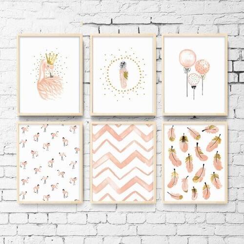 Nursery Girl Bedroom Decoration Flamingo Feather Pictures Wall Art Canvas Poster And Print Cartoon Painting For Living Room