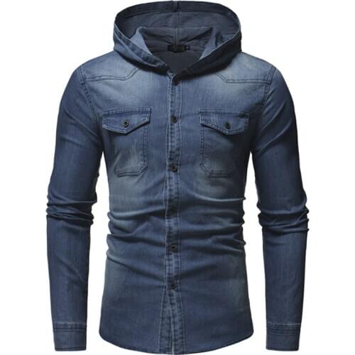 Spring Wash Denim Shirt Men Long Sleeve Fashion Hooded Jeans Shirt Men Casual Slim Fit Shirt