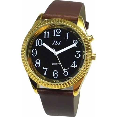 French Talking Watch with Alarm Function, Talking Date and time, Black Dial, Brown Leather Band, Golden Case TAF-306