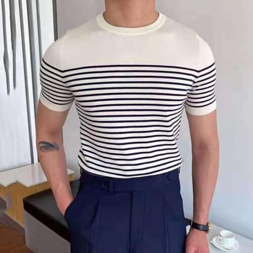 Fashion Striped Knitted Men T-shirt Short Sleeve O-Neck Pullover Tee Tops Slim T-Shirt For Men Casual Streetwear 2021 Summer New
