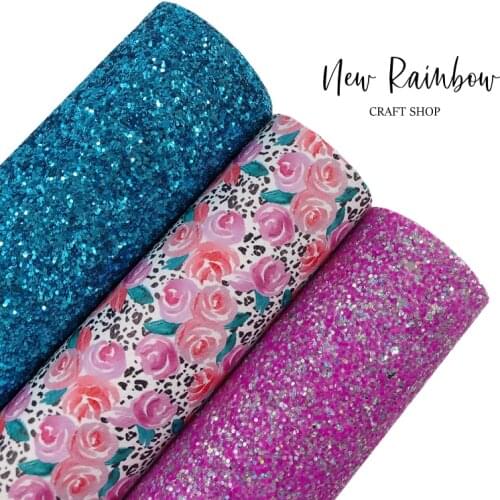 New Rainbow A4 Sheets Turquoise & Purple Pink Flower Leatherette Chunky Glitter Fabric For DIY Crafts, Earrings, Bows, Babyshoes