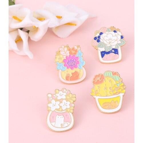 Japan And South Korea Small Fresh Potted Paint Brooch Cartoon Cute Flowers Kitten Badge Men And Women Backpack Pins Jewelry