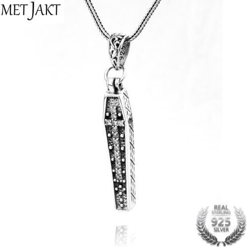 MetJakt 925 Sterling Silver Coffin Pendant with Skeleton Mens Gothic Punk Cross Pendant Necklace and Snake Chain