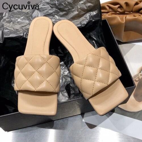 Brand Padded Leather Flat Sandals Woman Slippers Solid Slip on Mules Ladies Summer Casual Slides khaki Women Flat Beach Shoes