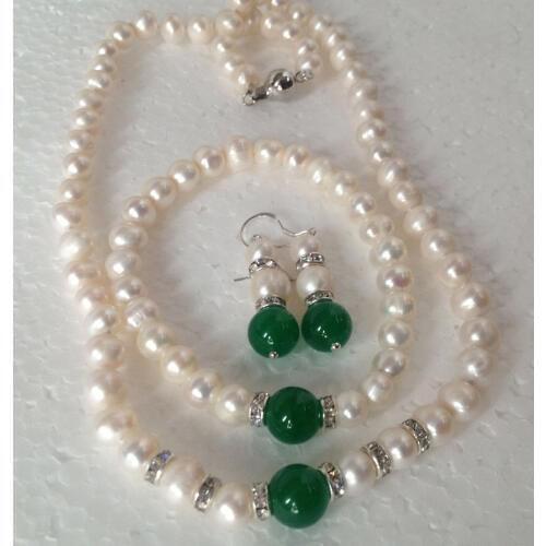 Natural white Akoya Pearl / Green Jade Gems Beads Necklace Bracelet Earrings Set