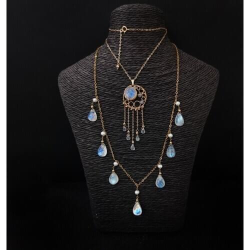 2Pcs Natural Moonstone Drop Pendant Dreamcatcher Neckalce For Woman Lady 14K Gold Quartz Crystal Luxury Neckalce Healing Crystal