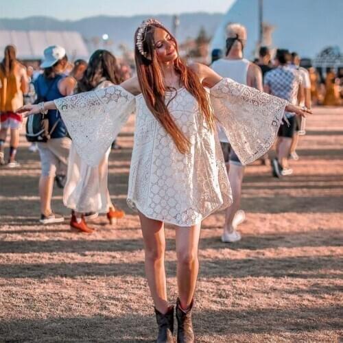 Long Flare Sleeves Lace Homecoming Dress Summer Bohemian Beach Party Dresses For Junior YSAN583