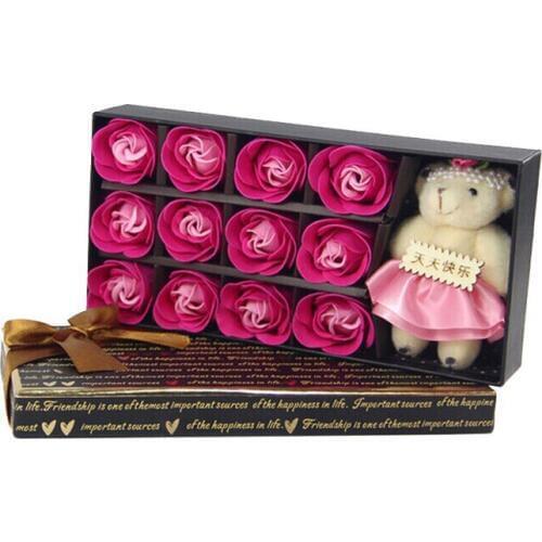 S01647/50 JMT 1Set 12 Rose Petals Soap Flower Box Bear DIY Christmas Day Birthday Valentines Gifts Decoration Wedding Gift