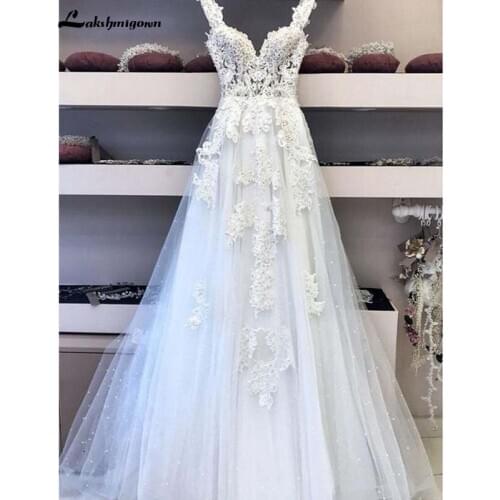 Princess Wedding Dresses Boho Spaghetti Straps V-neck Backless Bridal Gowns Lace Appliques Sweep Trian Sleeveless 2020 New