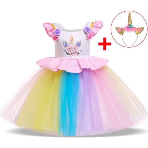 2021 Unicorn Party Dress Kids Dresses For Girls Children Princess Tutu Dress Girl Birthday Party Cosplay Dress Free Headband 2PC
