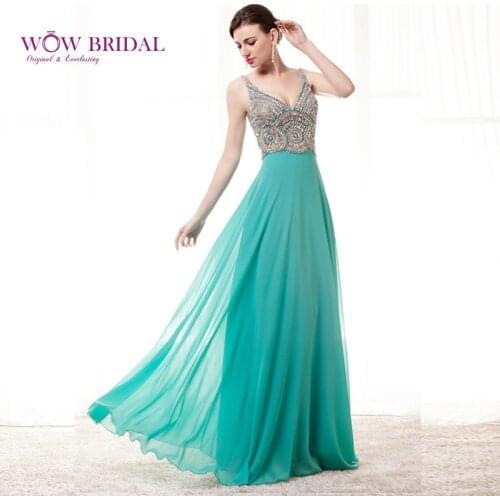 Wowbridal Green Long Crystal Evening Dress 2021 Formal Dresses Sexy Backless Evening Gowns Robe de soiree