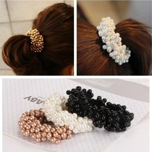 Xiwstar Fashion Korean Hair Accessories Beaded Elastic Hair Ties Circles Scrunchies for Women Girls Pearls HairBands, 3pcs/pack