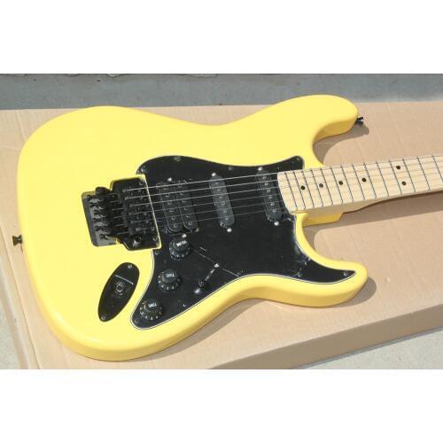 Custom Yellow Body Electric Guitar with Black Pickguard,Black Hardwares,Maple Fingerboard,Floyd Rose,Offer Customized